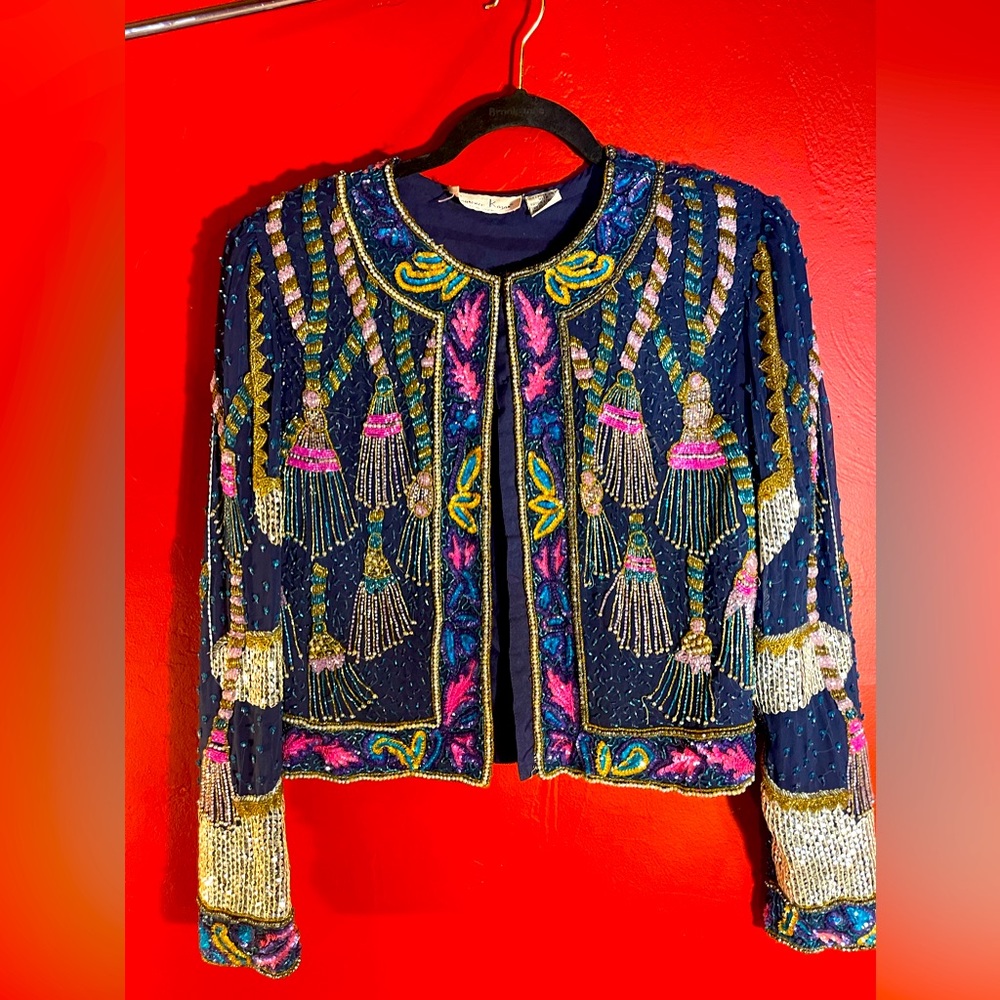 Vintage Laurence Kazar Beaded Sequins Tassel Design silk blue jacket